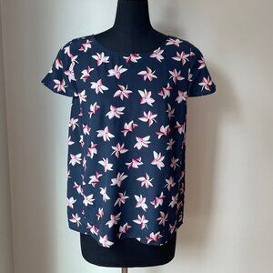 Joie Silk Navy and Floral Short Sleeve Blouse